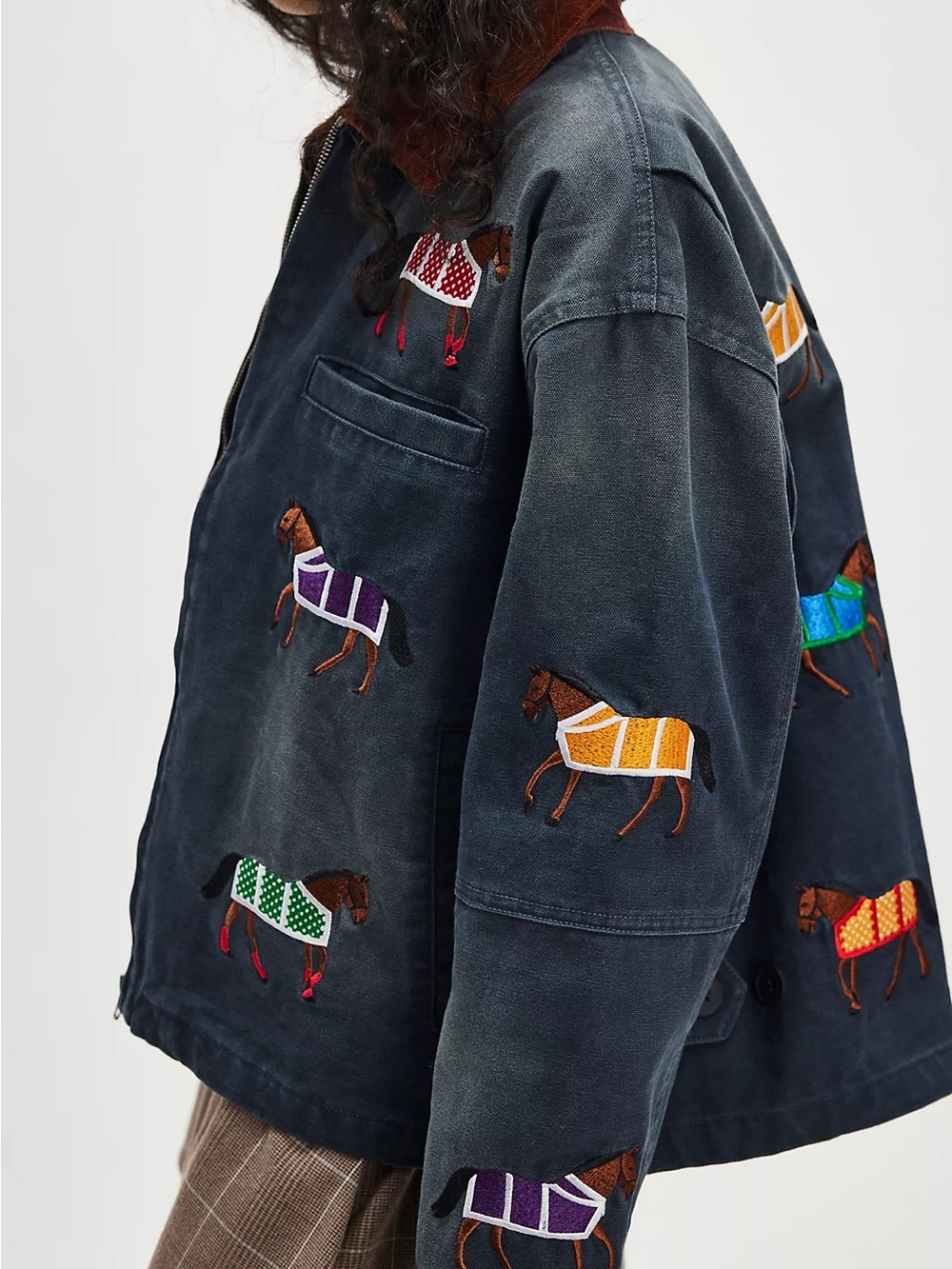 Found Lariat Blue Embroidered Horse Western Bohemian Utility Barn Jacket L - Picture 2 of 16